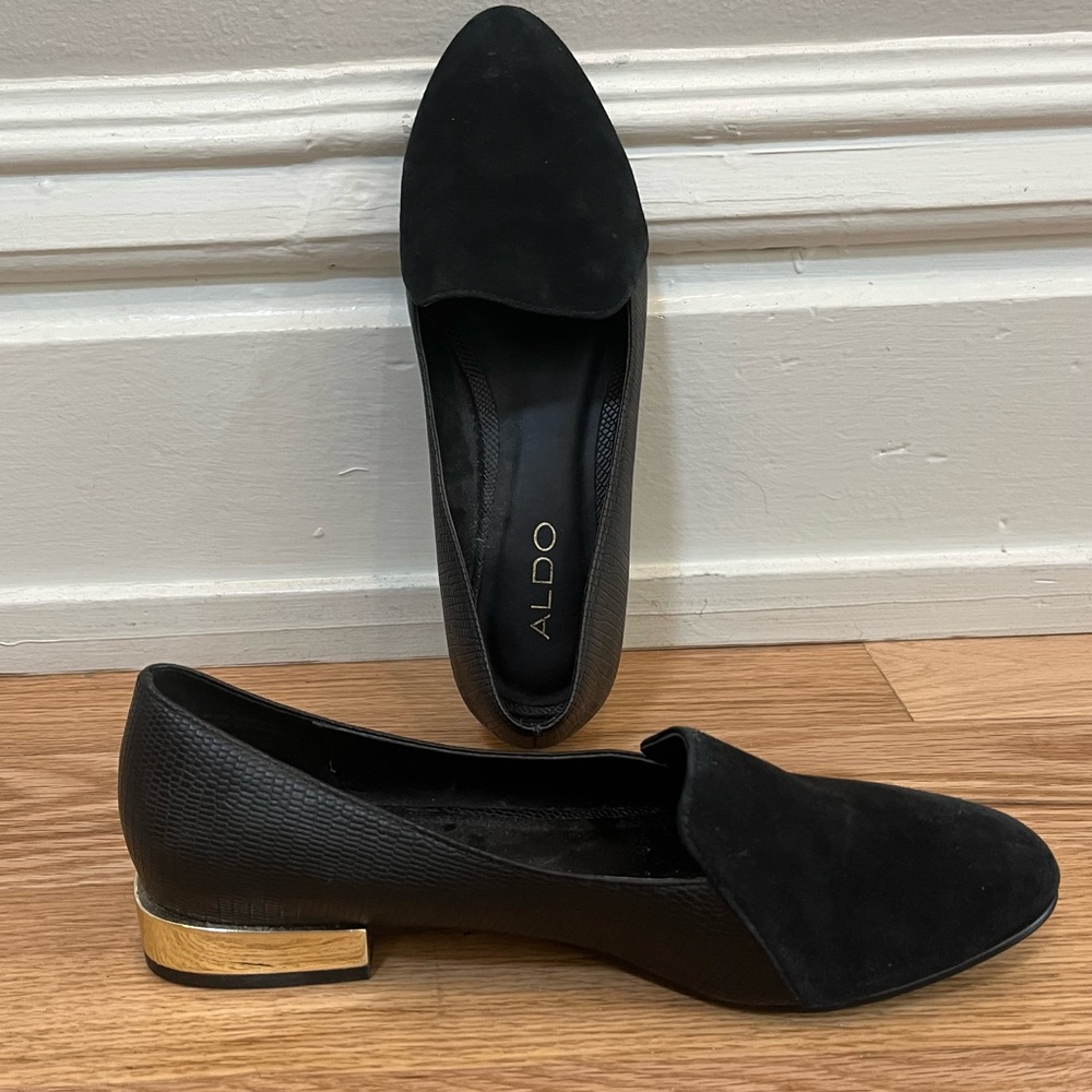Aldo Riramma Black Suede & Leather Loafer with Gold Heel